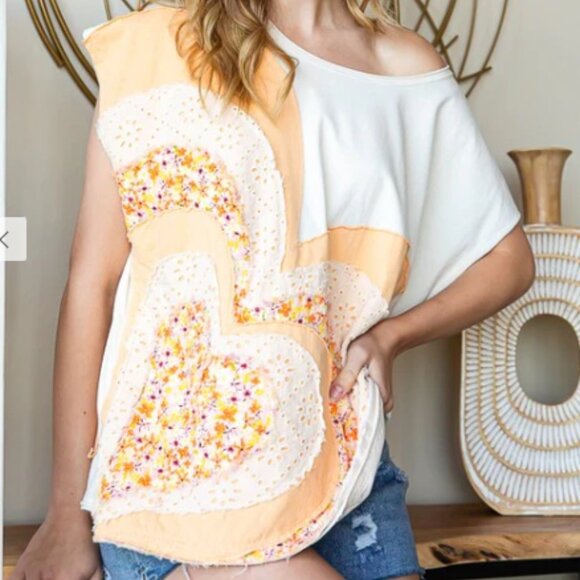 OHSLH Oli&Hali WASHED HEART DETAIL PATCHWORK SHORT SLEEVE TOP - Picture 3 of 5